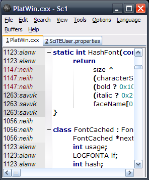 Styled text margins used to show revision and blame information